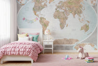 Detailed Classic World Map in Blue and Earthy Tones wall mural design
