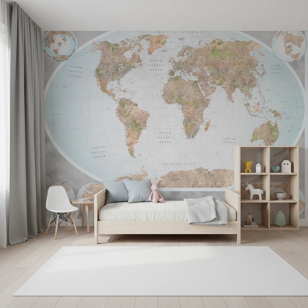 Classic World Map in Blue and Earthy Tones wall mural in muted map colors