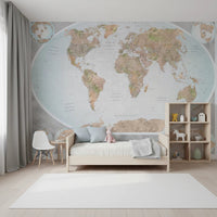 Classic World Map in Blue and Earthy Tones wall mural in muted map colors