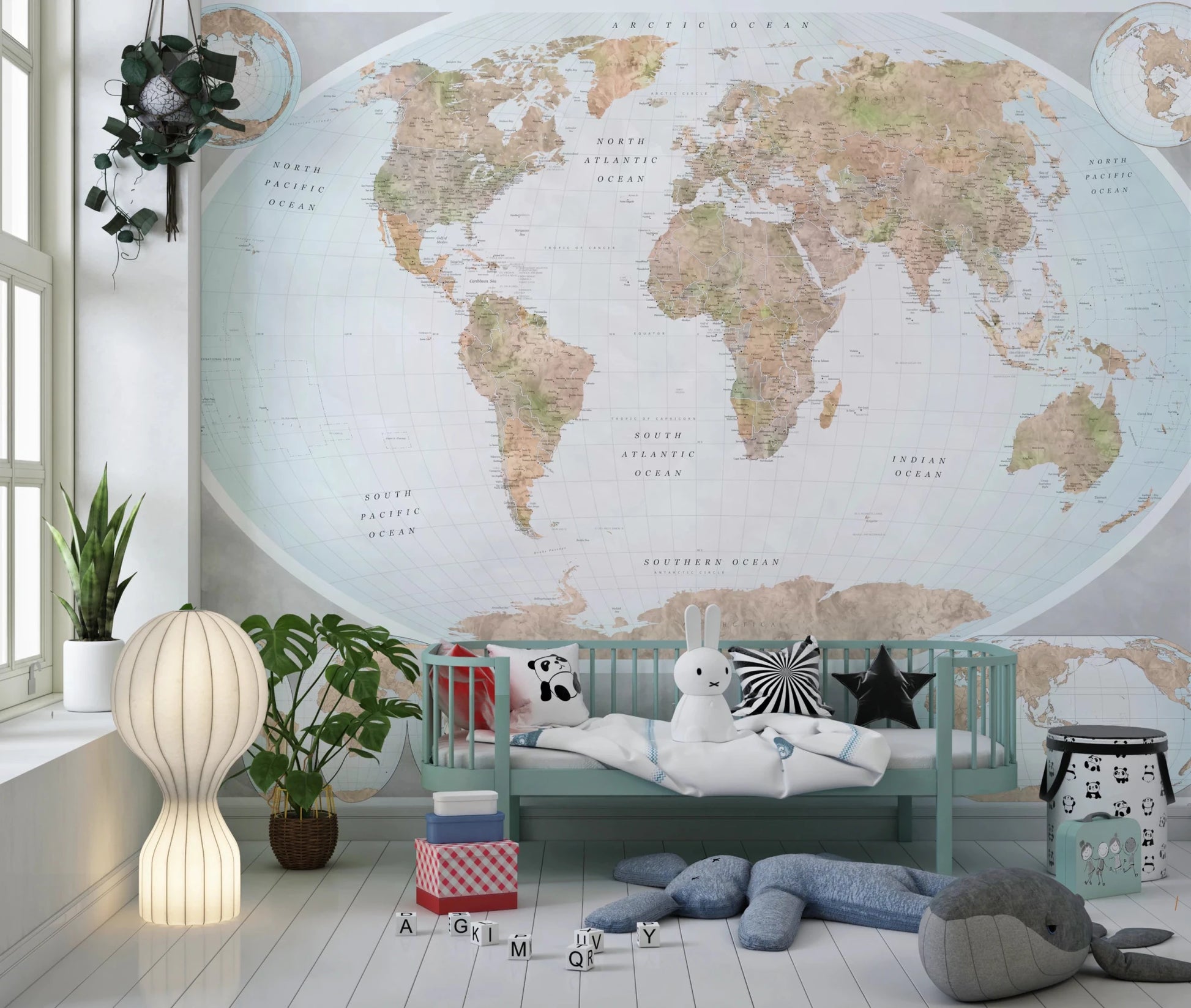 Classic World Map in Blue and Earthy Tones wall mural with global detail