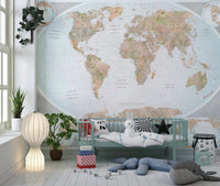 Classic World Map in Blue and Earthy Tones wall mural with global detail
