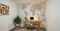 Classic World Map in Blue and Earthy Tones wall mural with labeled continents