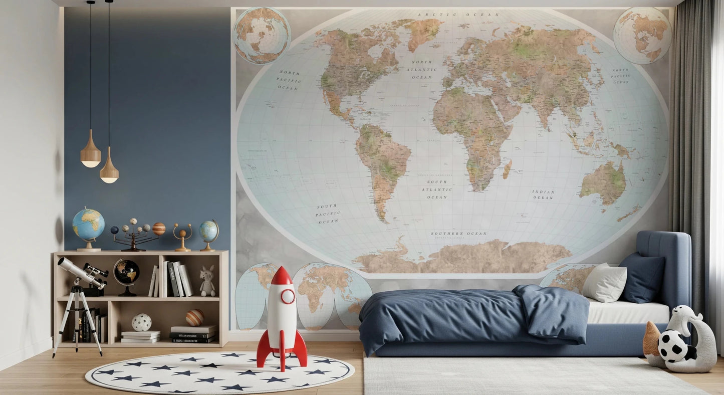 Bedroom styled in Classic World Map in Blue and Earthy Tones wall mural