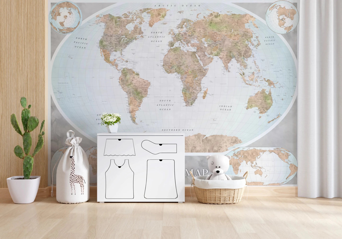 Hallway featuring Classic World Map in Blue and Earthy Tones wall mural