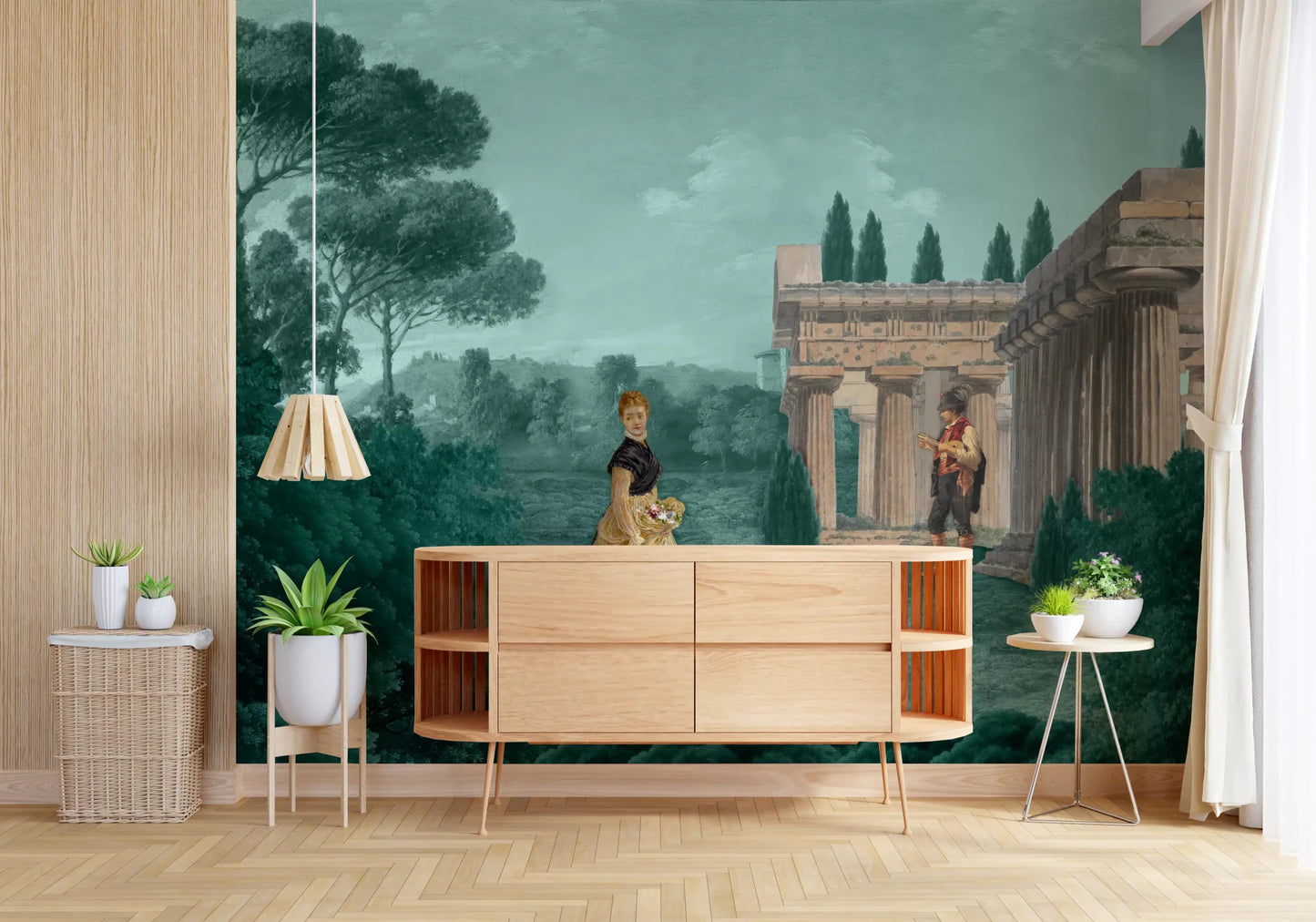Antique ruins and garden trees appear in this vintage wall mural, GD9007