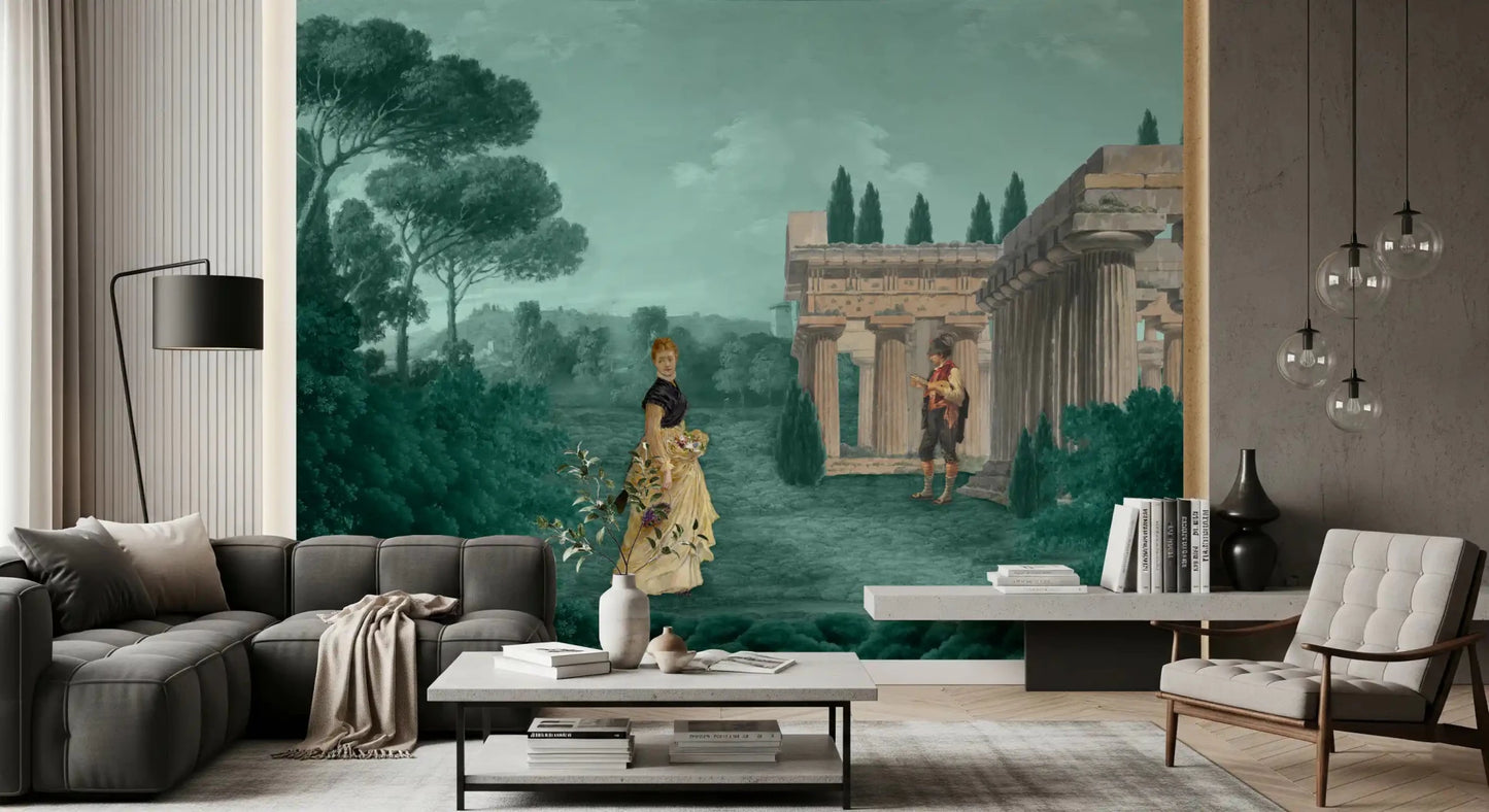Tall trees and misty depth define Garden Retreat Wall Mural design, GD9007
