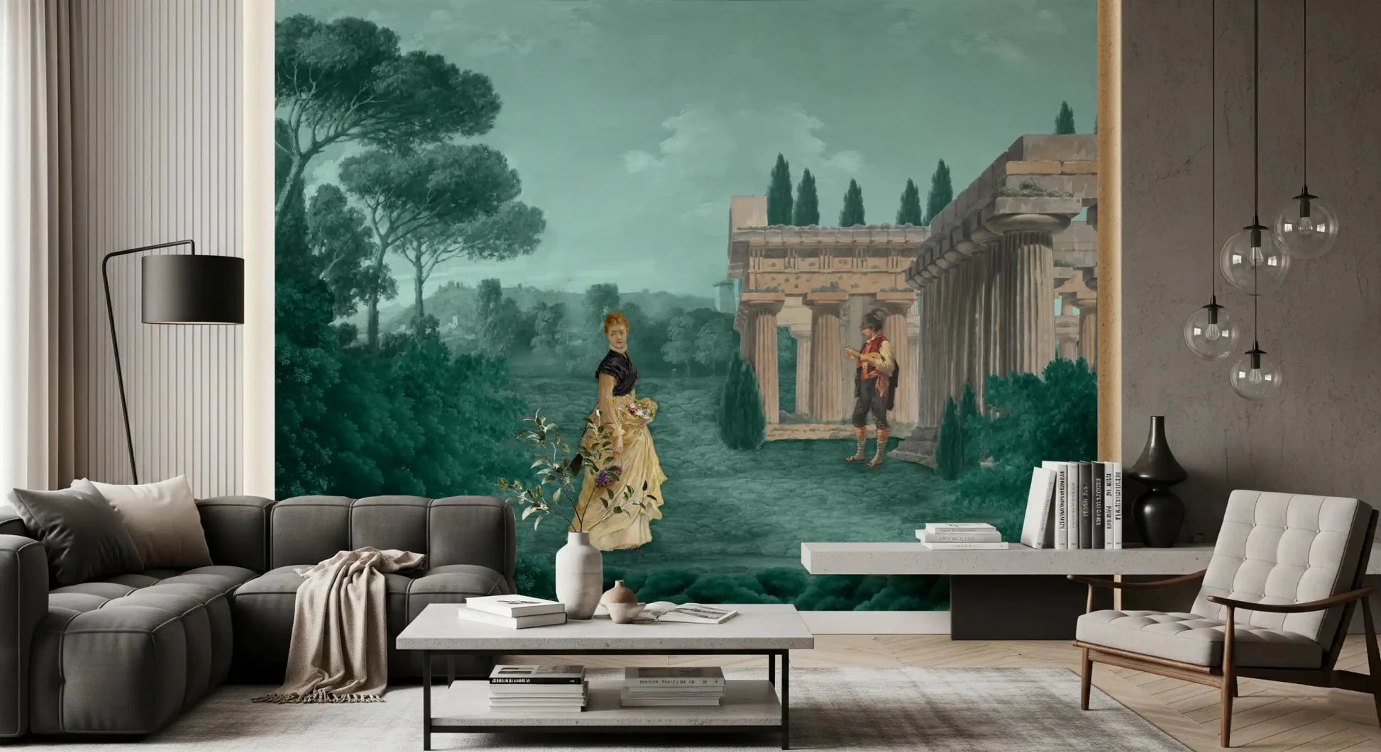 Tall trees and misty depth define Garden Retreat Wall Mural design, GD9007