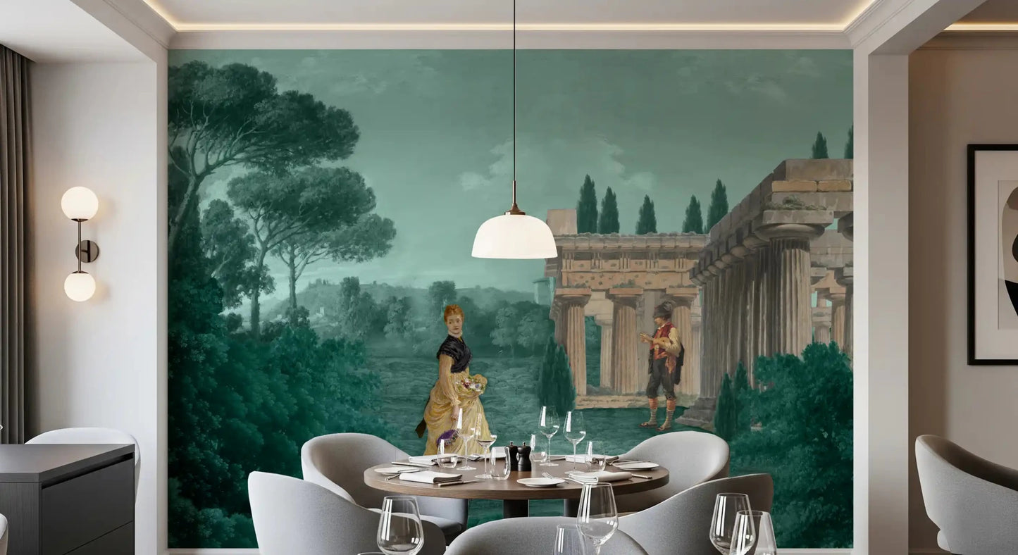 Garden wall mural with European columns and soft landscape shading, GD9007