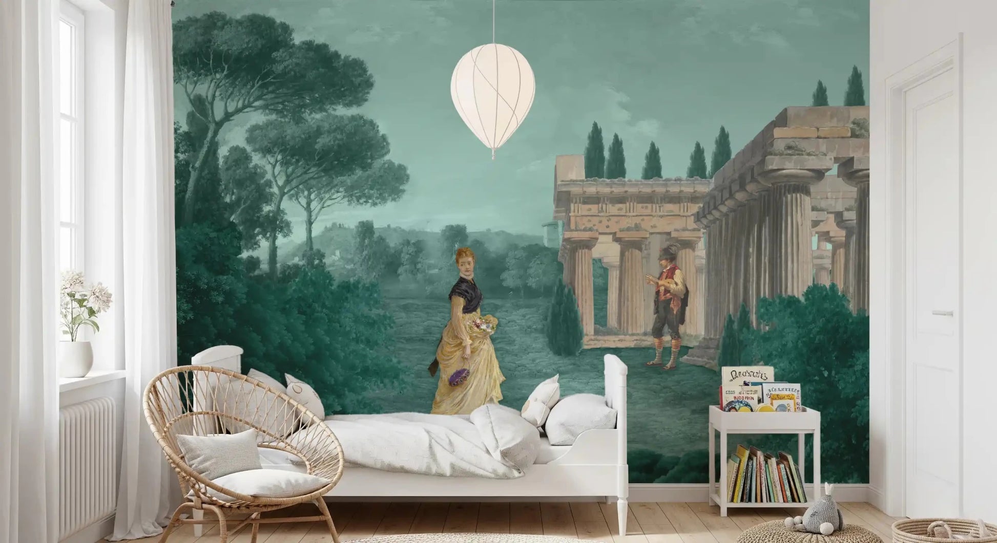 Scenic wall mural with old columns, greenery, and classical figures for a bedroom, GD9007