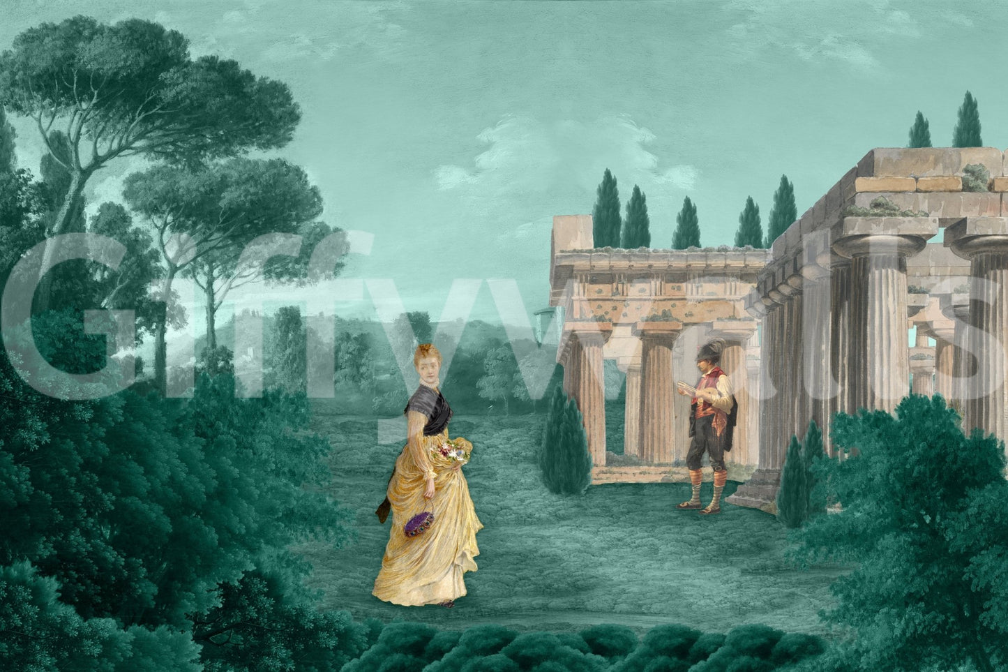 Architectural wall mural with column ruins and dark green foliage, GD9007