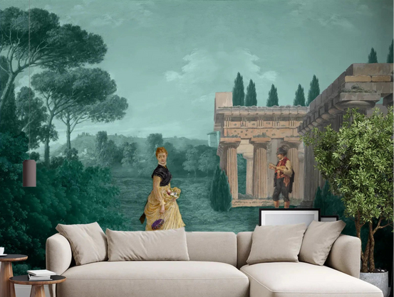 Classical Garden Retreat Wall Mural with teal trees and antique ruins for a hallway., GD9007