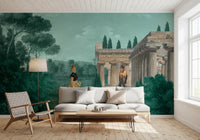 Landscape wall mural featuring teal greenery and aged architecture, GD9007
