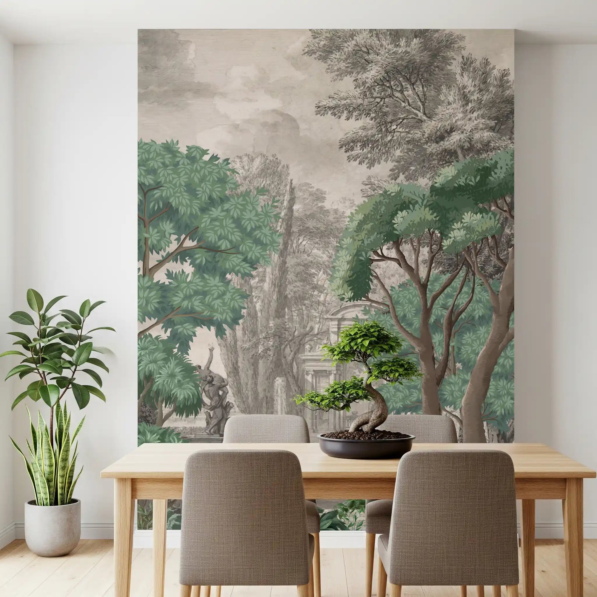 Classical green garden oasis wall mural design in a dining room., GD8987