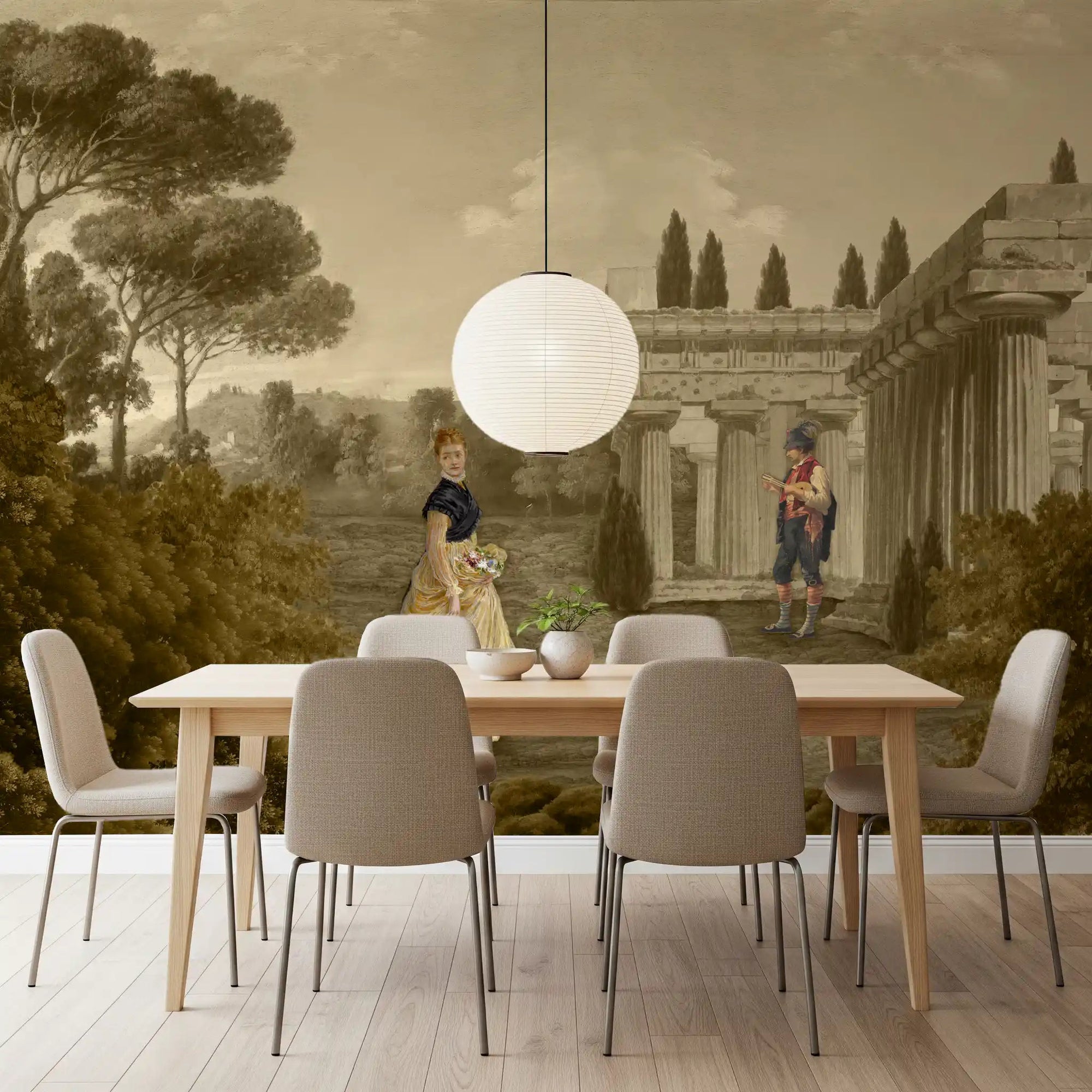 Dining room with Classical Reverie in Sepia Wall Mural and ruins, GD9006