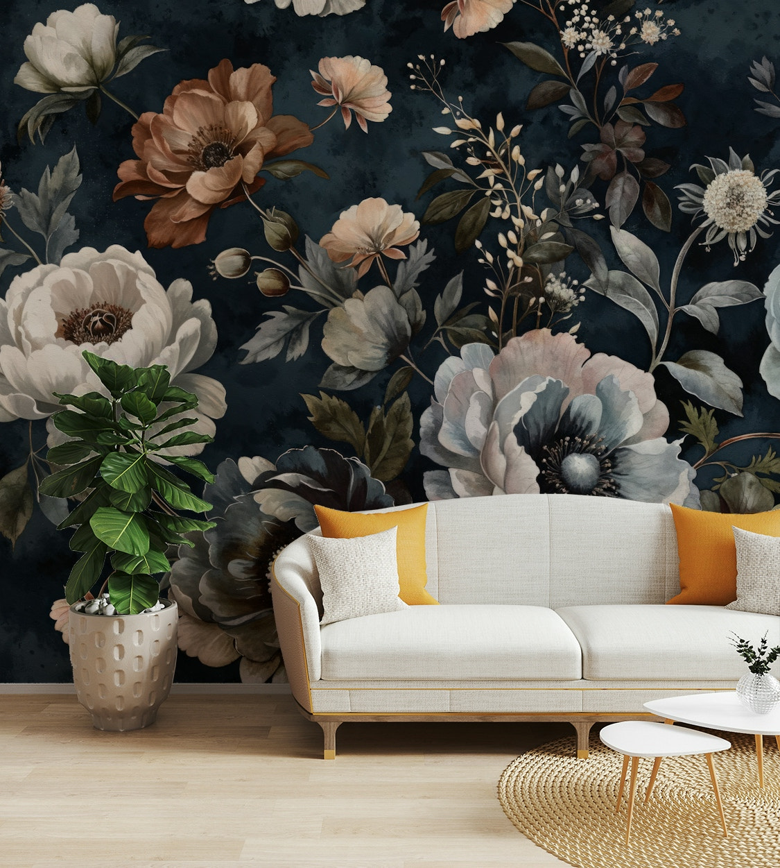 A wall mural of a classical floral pattern.

