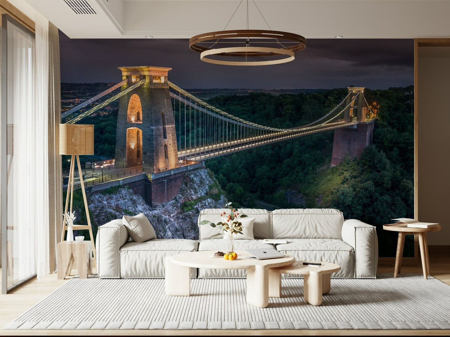 Grand architectural mural, cables spanning dark forest and rocky chasm.