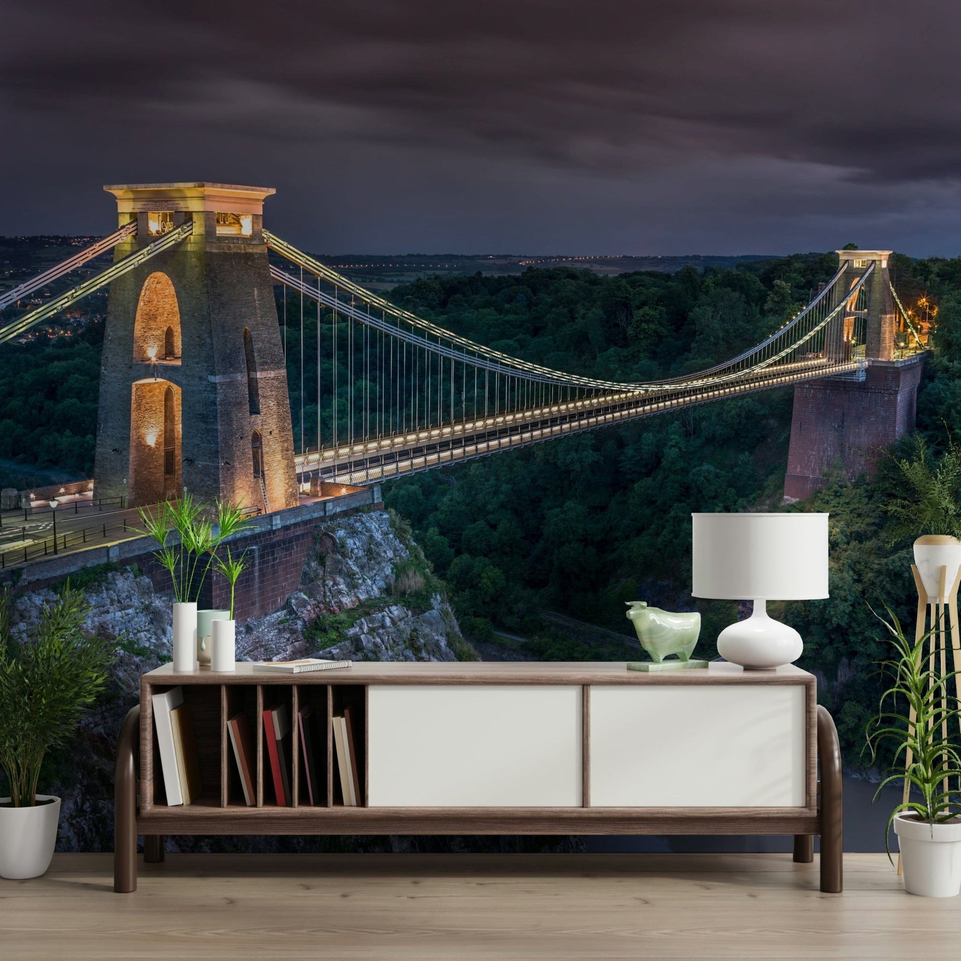 Clifton Suspension Bridge design wallpaper, historic stone towers illuminated.