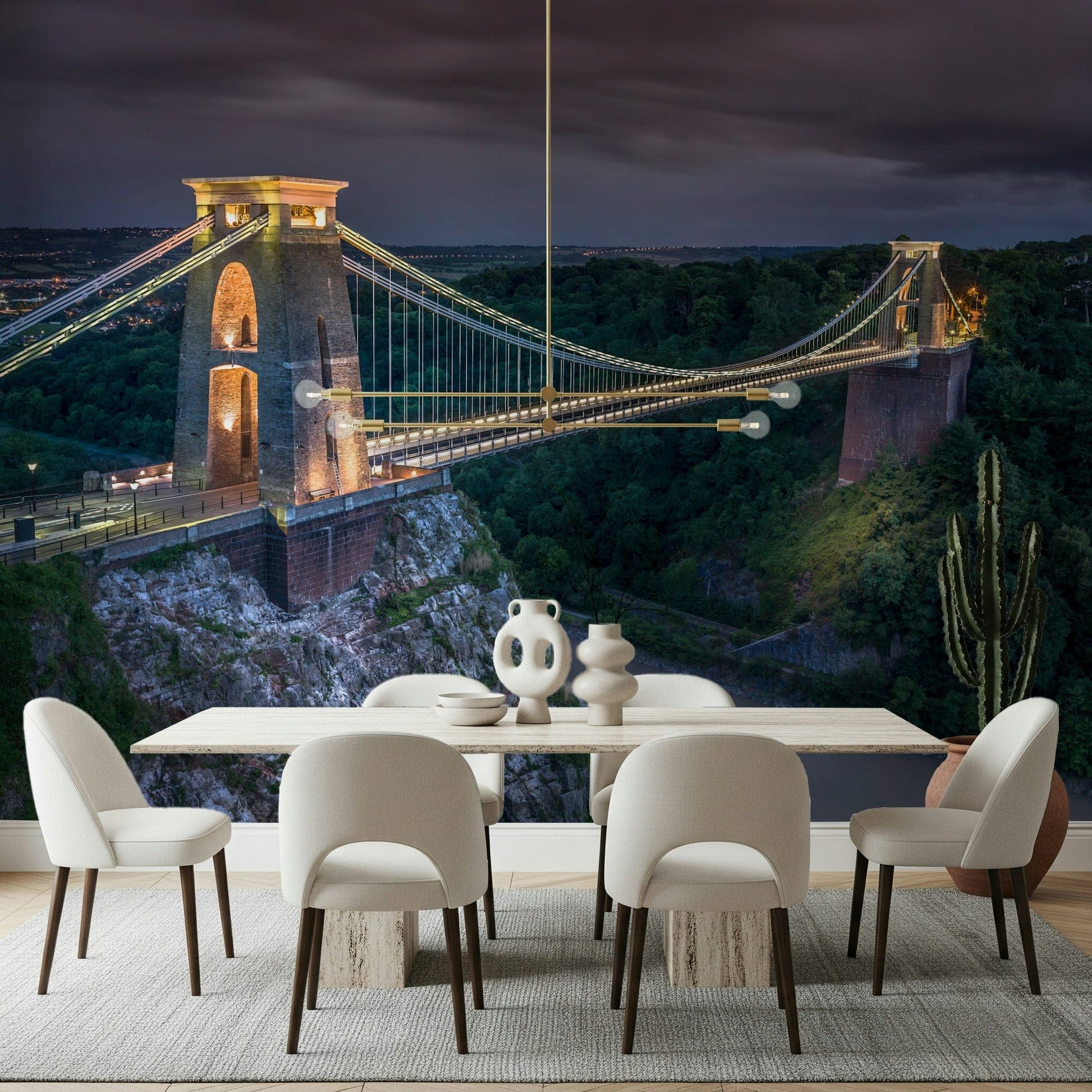Iconic suspension mural, Bristol landmark above river and steep cliffs.