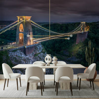 Iconic suspension mural, Bristol landmark above river and steep cliffs.