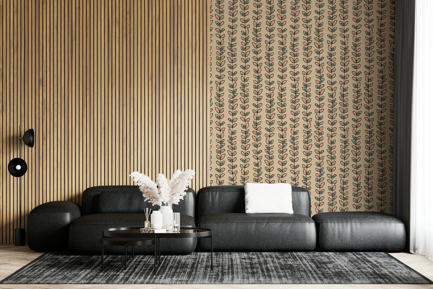 Contemporary Climbing Vines Stripe Retro Leaves Cream design, alternating colors, linear wall pattern.