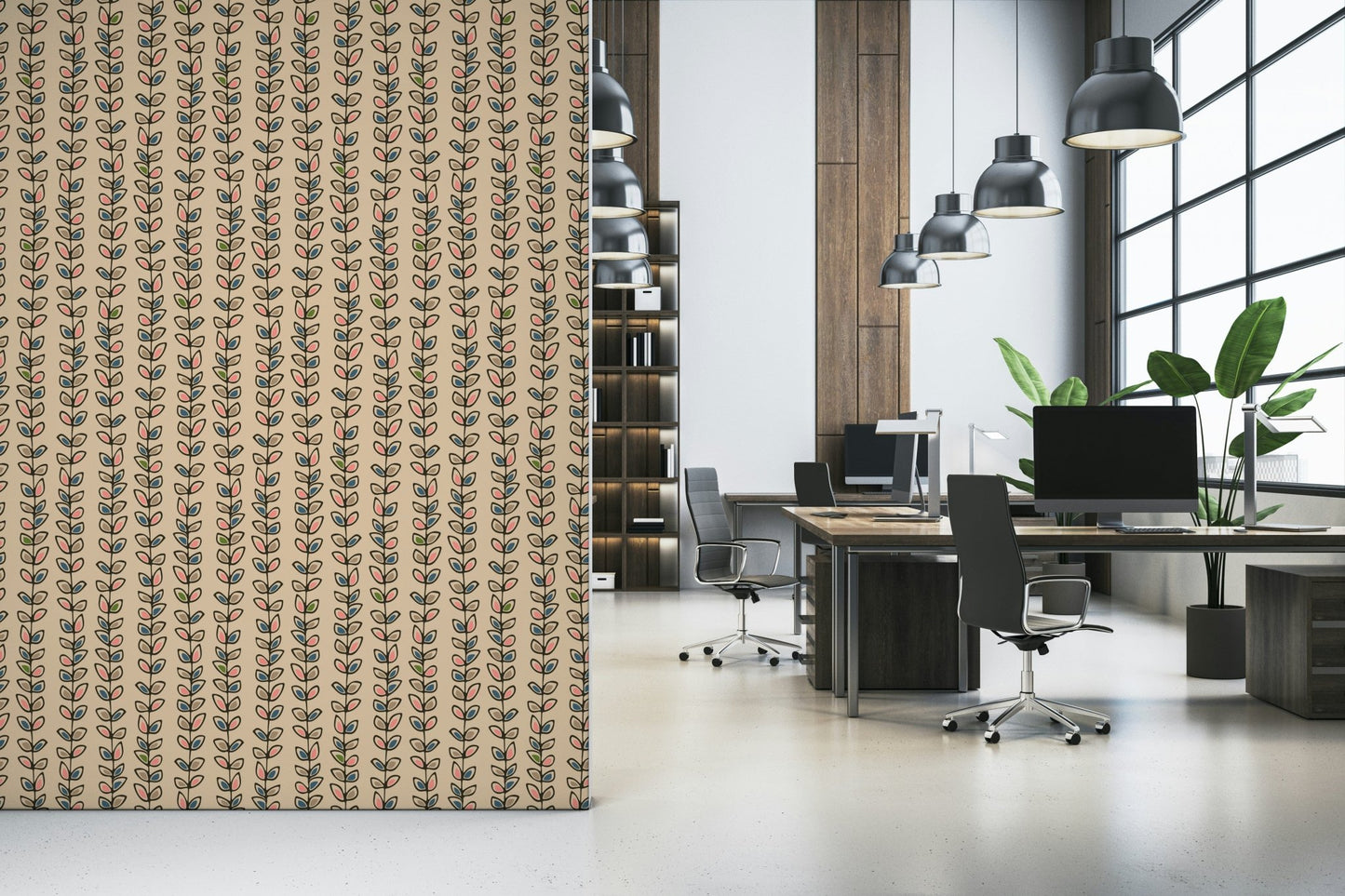Climbing Vines Stripe Retro Leaves Cream wallpaper, charming botanical stripe, fun look.