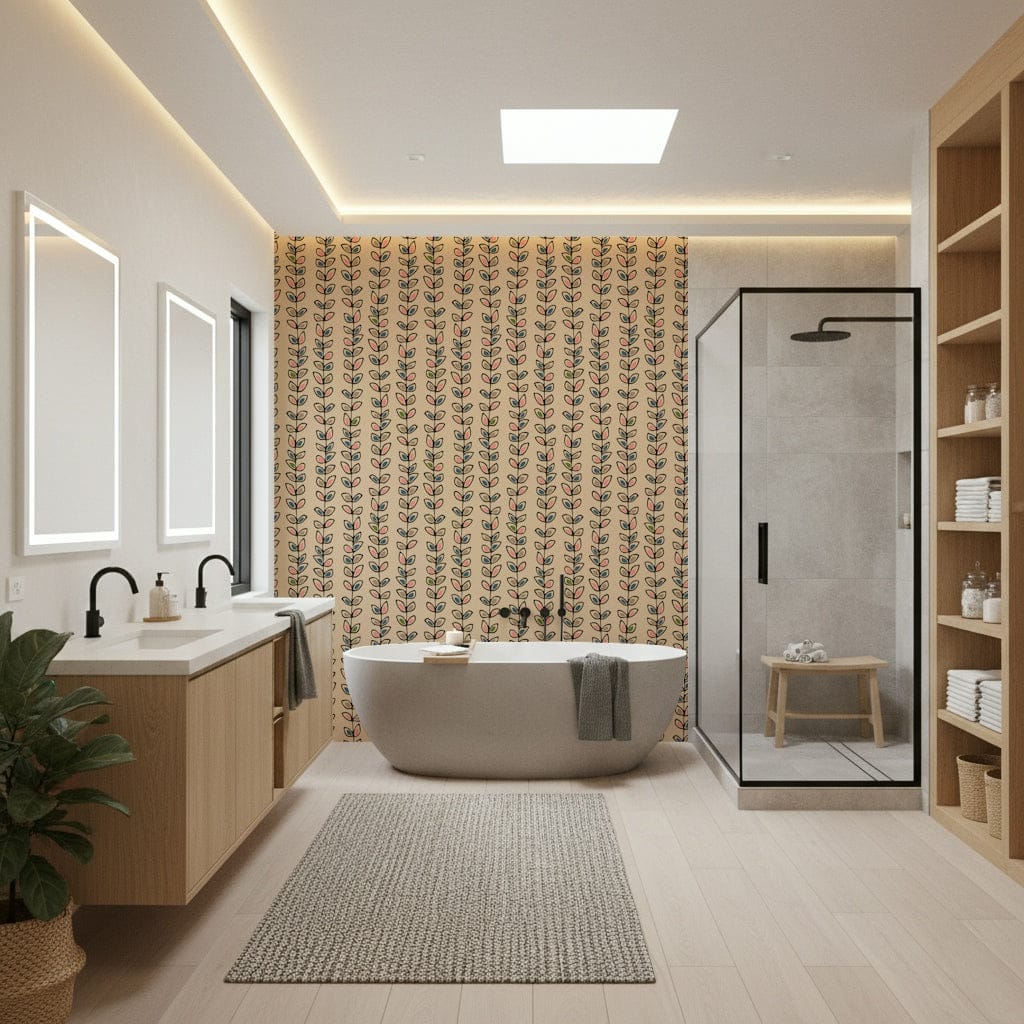 Decorative Climbing Vines Stripe Retro Leaves Cream wallpaper mural, simple floral art.