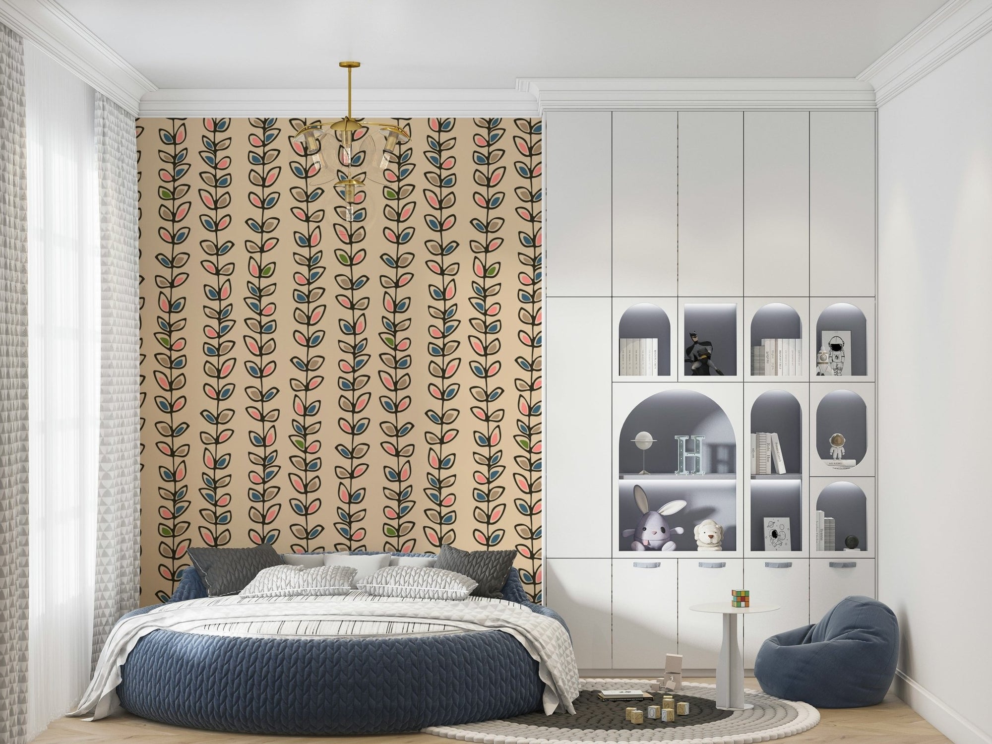 Textured Climbing Vines Stripe Retro Leaves Cream wallpaper, retro botanical, sophisticated pattern., GD6686