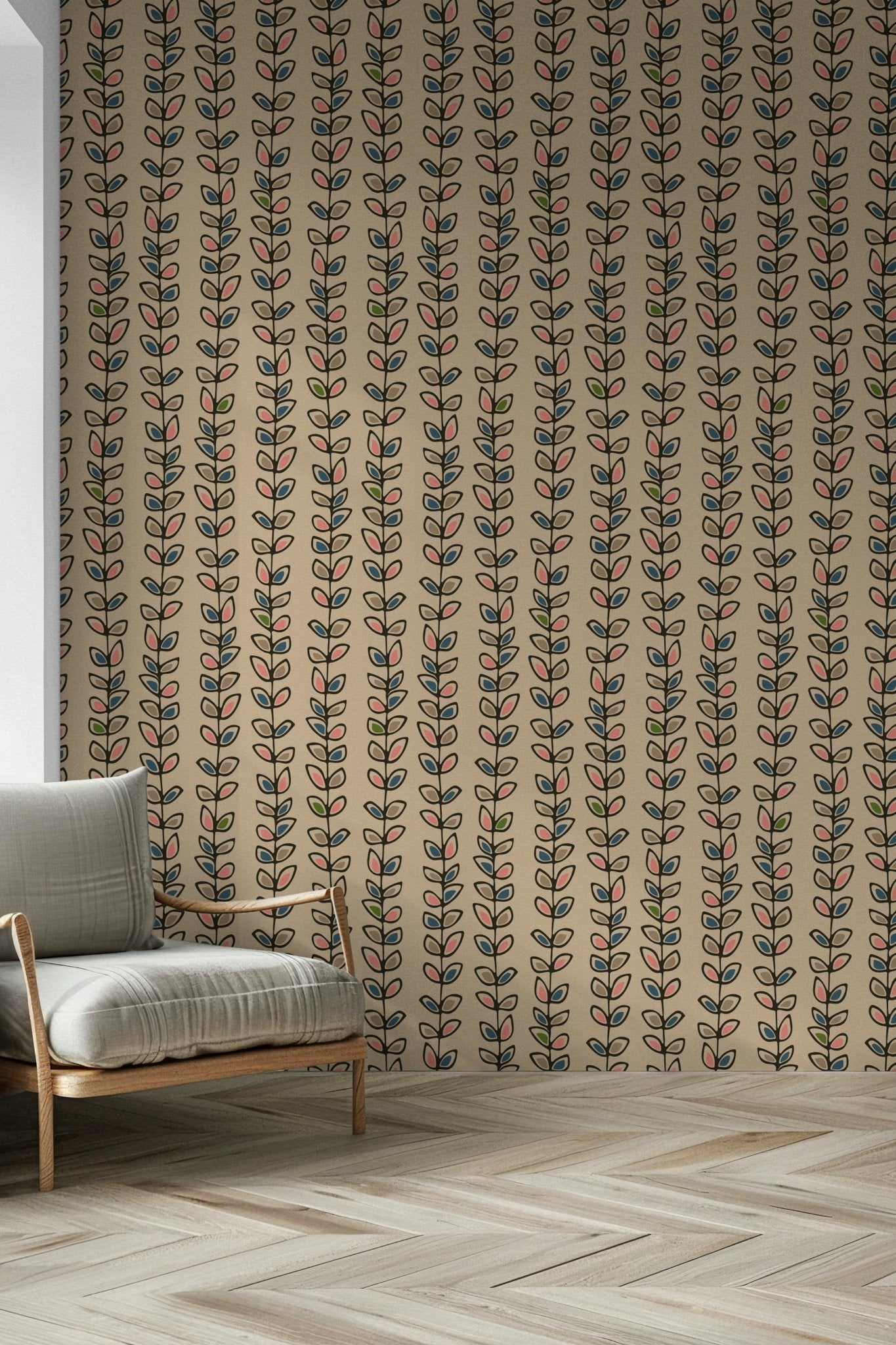 Colorful Climbing Vines Stripe Retro Leaves Cream wall paper, stylized leaves, neat rows.