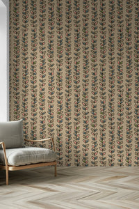 Colorful Climbing Vines Stripe Retro Leaves Cream wall paper, stylized leaves, neat rows.