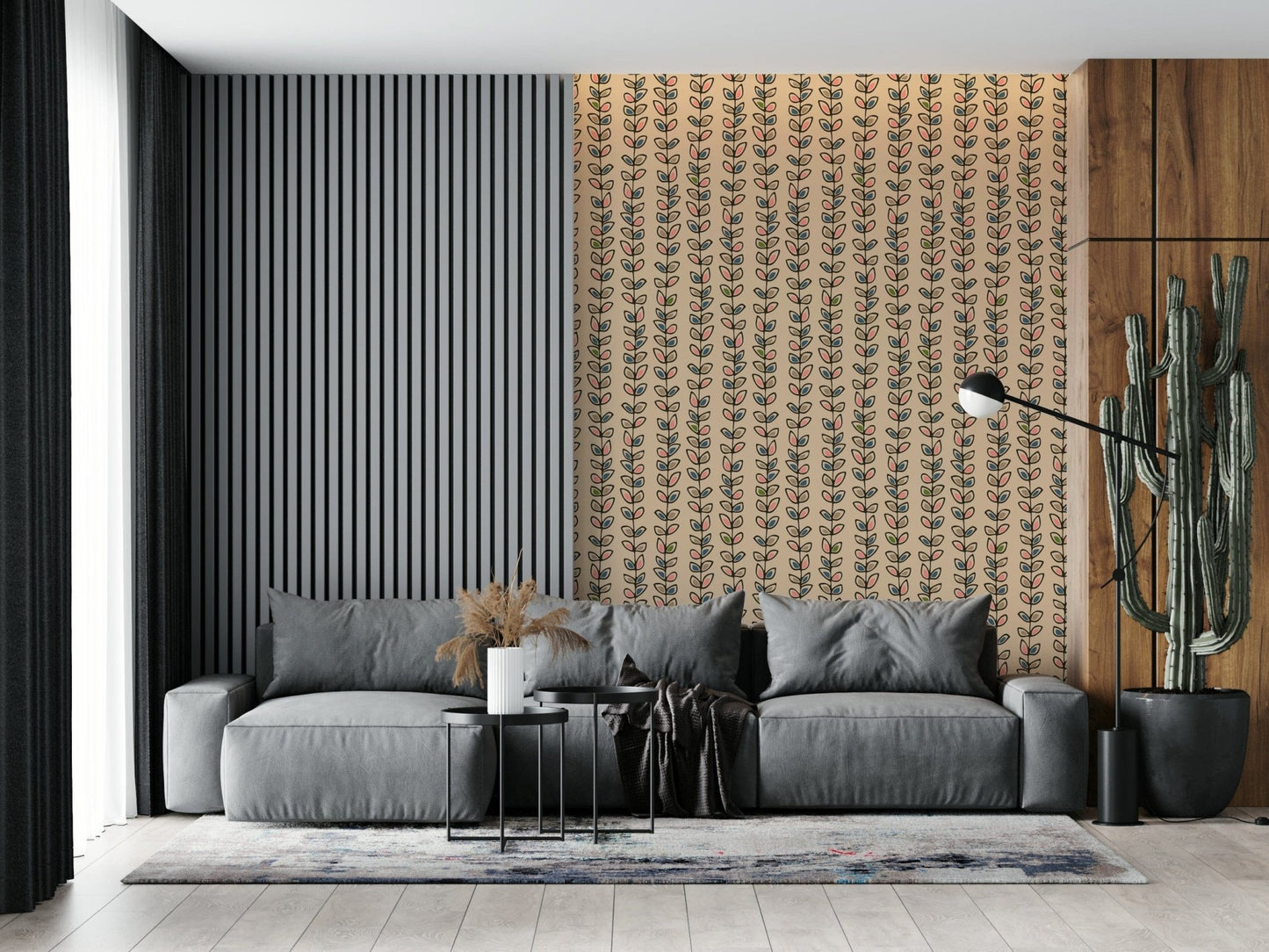 Graphic Climbing Vines Stripe Retro Leaves Cream print, repeating vine wall pattern.