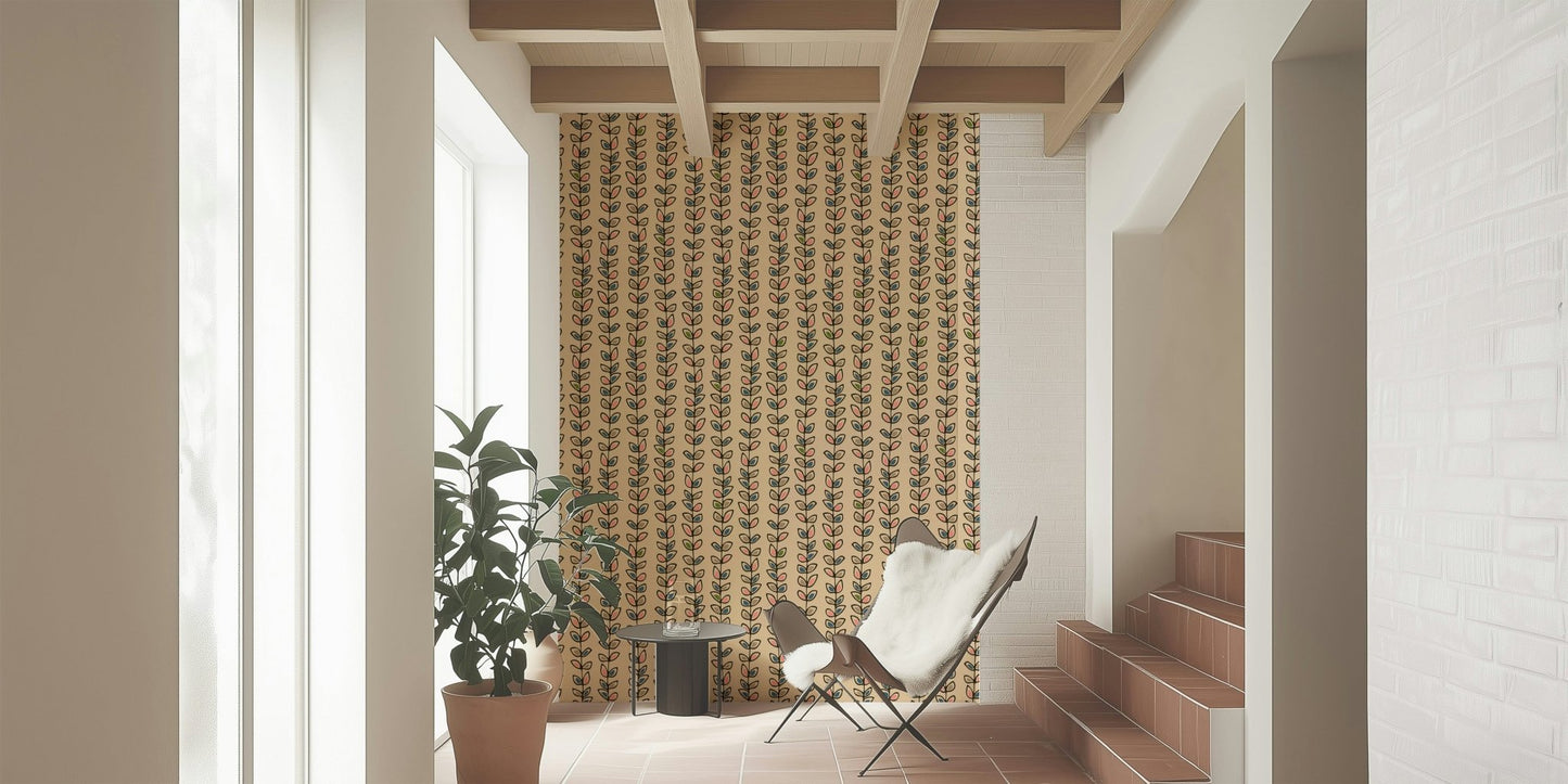 Whimsical Climbing Vines Stripe Retro Leaves Cream wall mural, repeating branches, gentle colors.