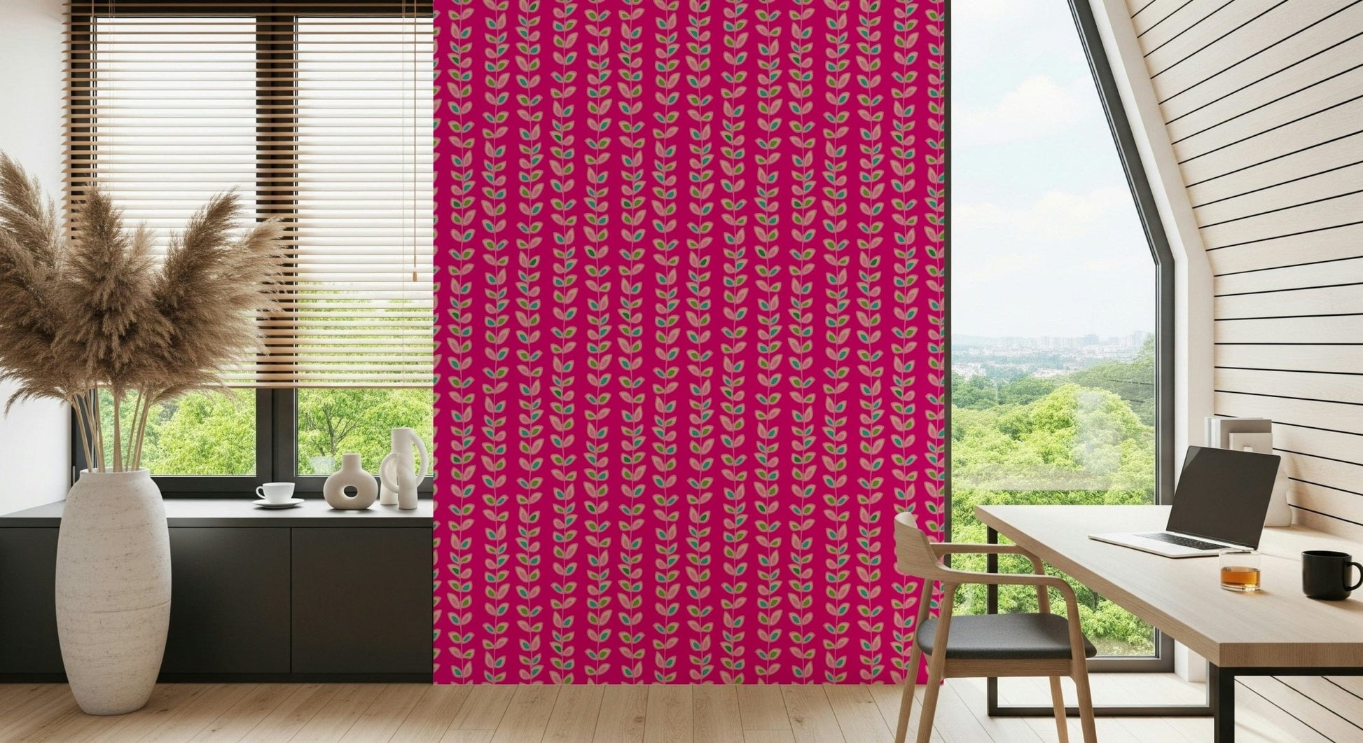 Retro-inspired botanical Climbing Vines Stripe wall covering; beautiful, appealing pink tone.