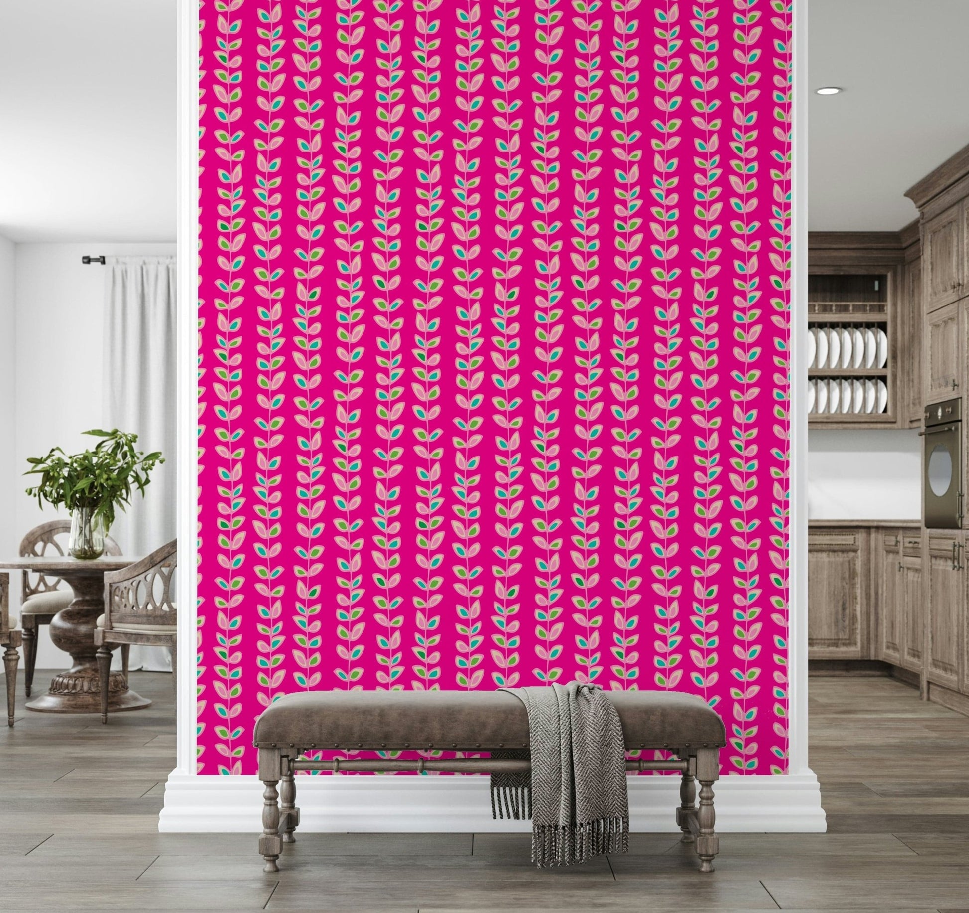Wall mural featuring the Climbing Vines Stripe Retro Leaves design; stunning, electric pink background.
