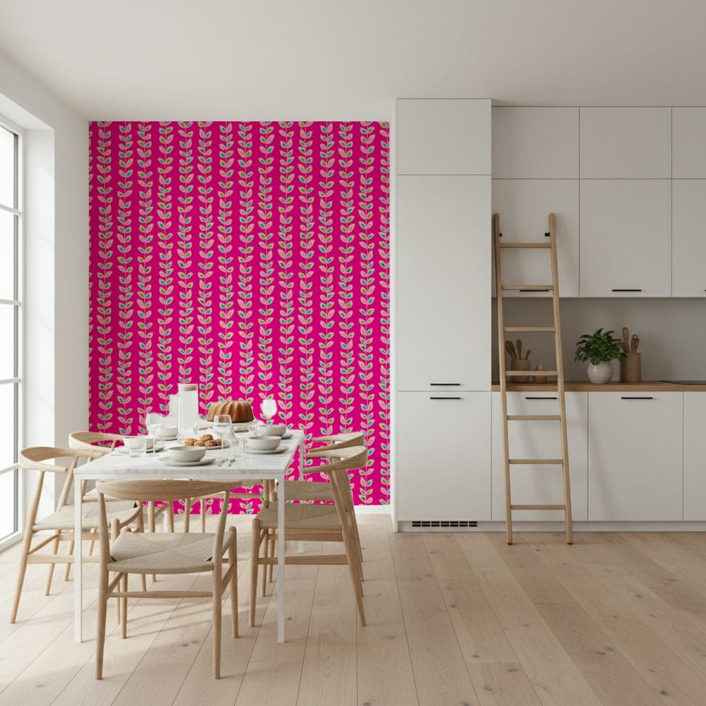 Decorative, chic Fuchsia Pink wallcovering; lush, abstract foliage motif.