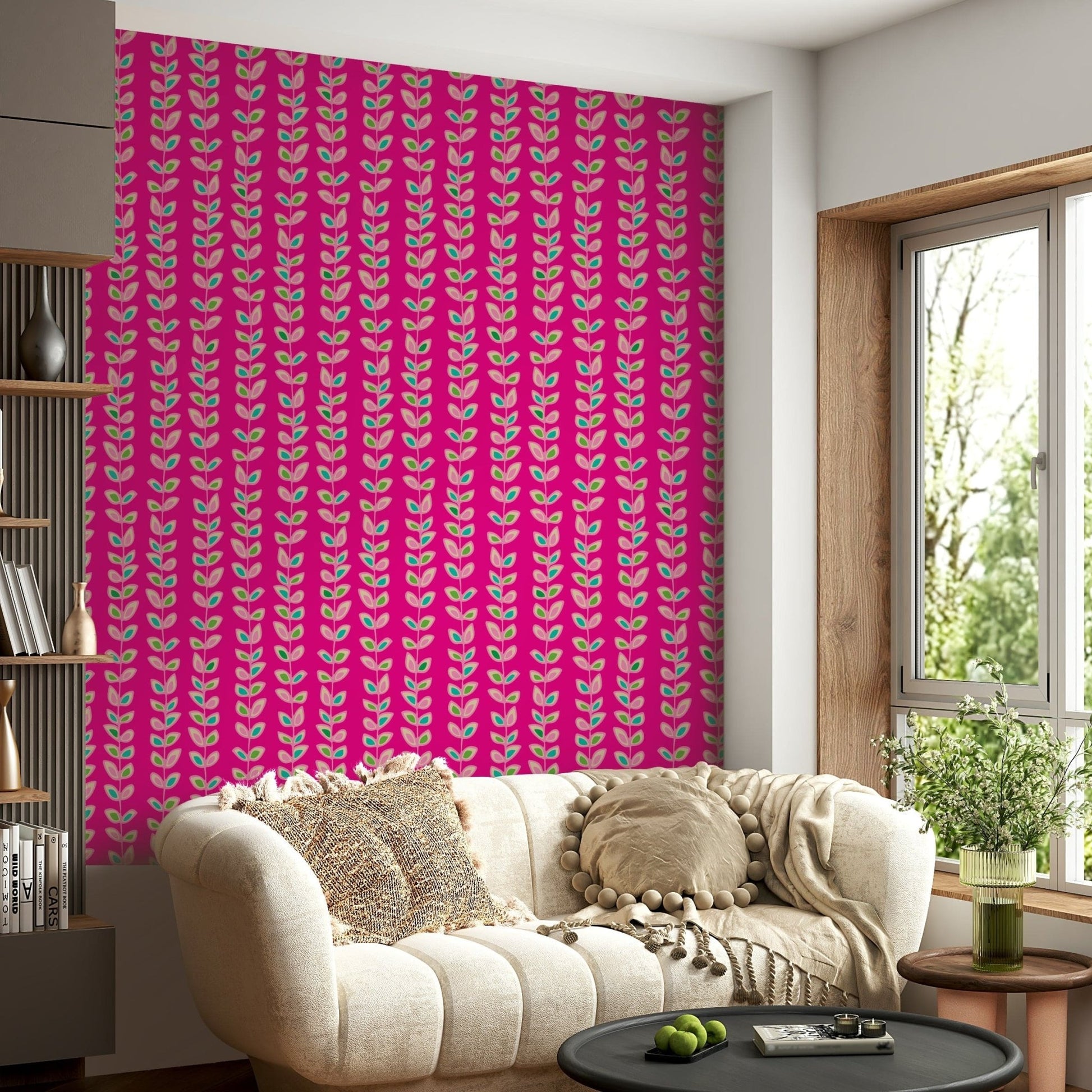 Elegant Fuchsia Pink pattern for walls; cheerful, refreshing leaf design artwork.