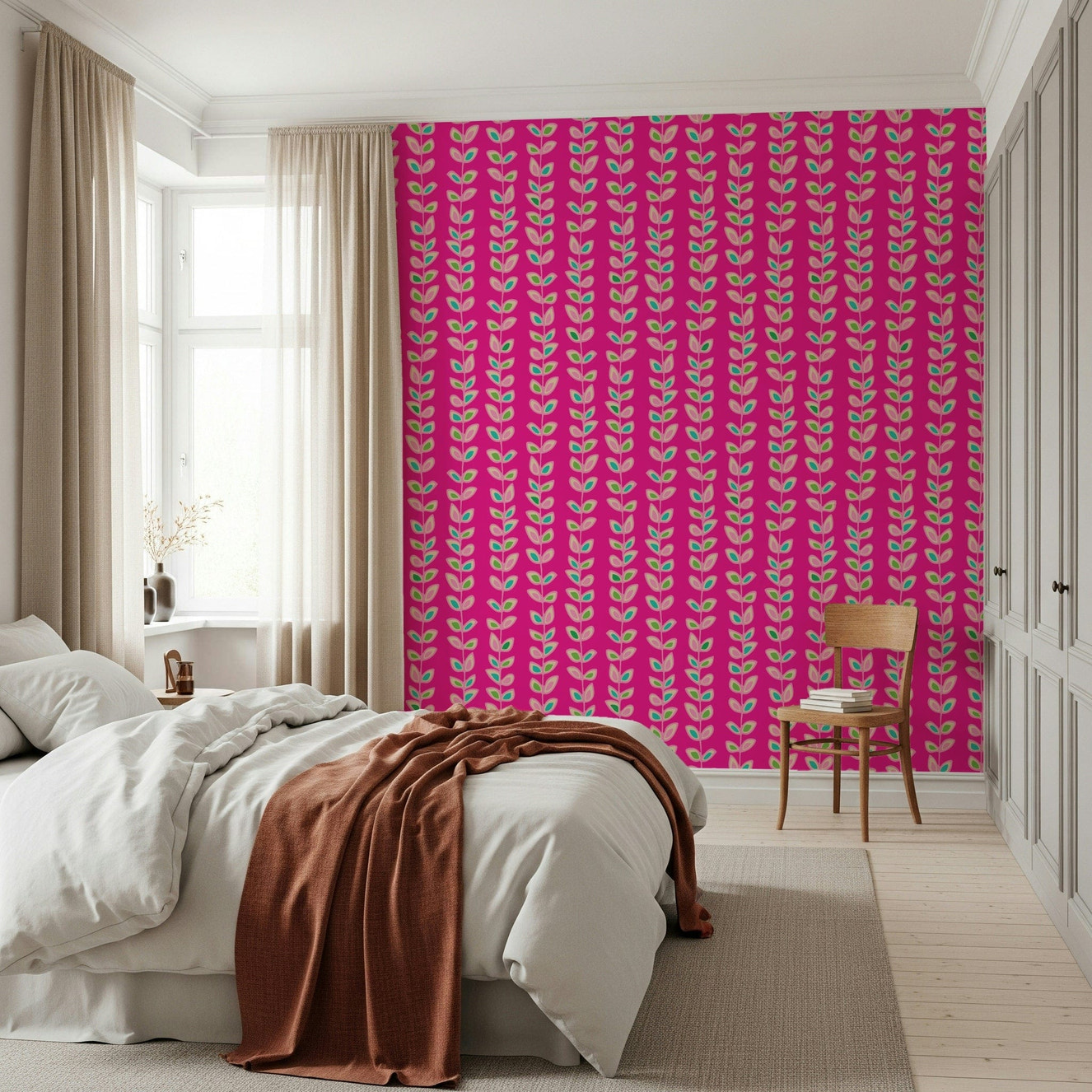 Climbing Vines Stripe Retro Leaves Fuchsia Pink wallpaper showing bright botanical columns.