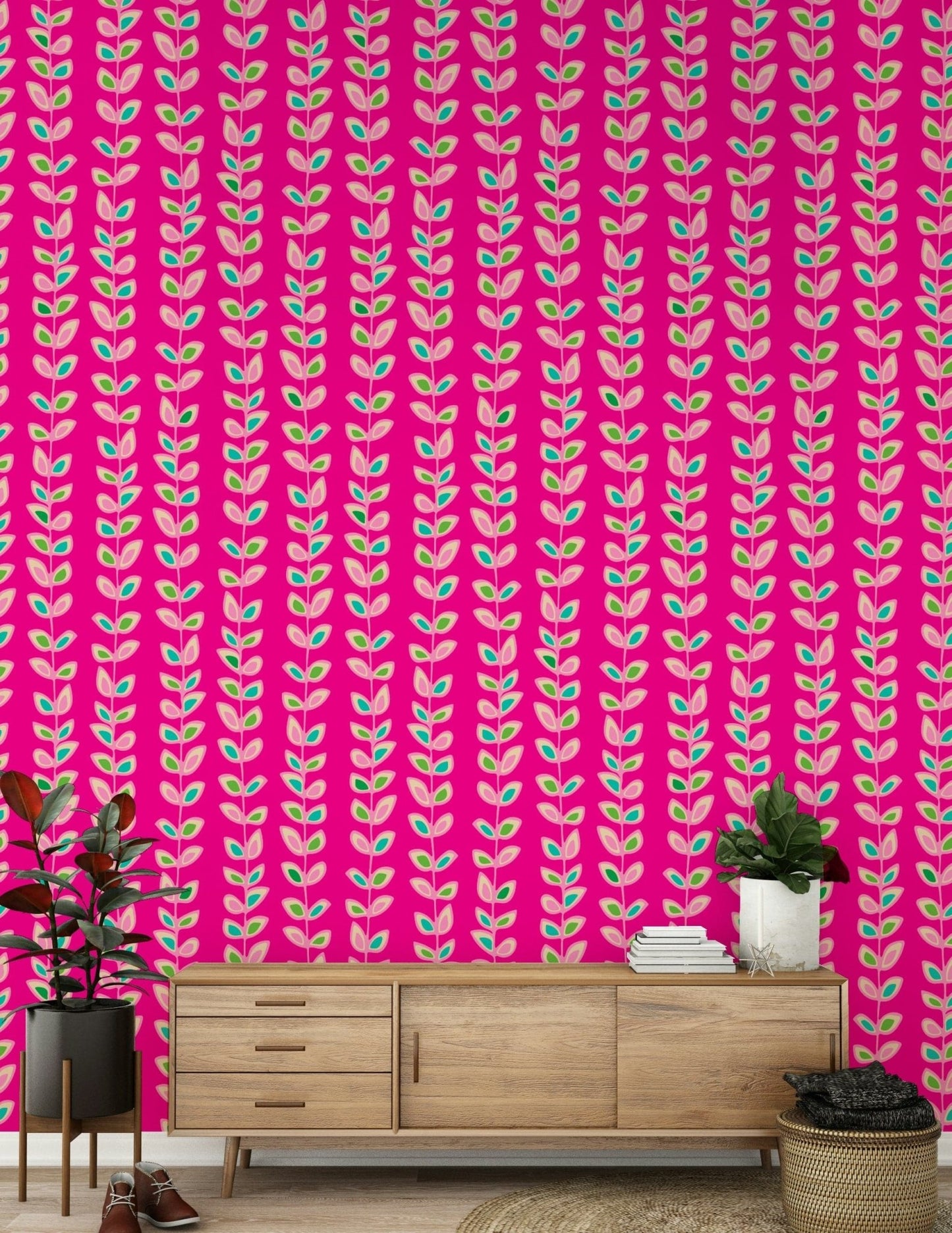 Bold, exciting Climbing Vines Stripe wallpaper mural; lovely, appealing leaf formations.