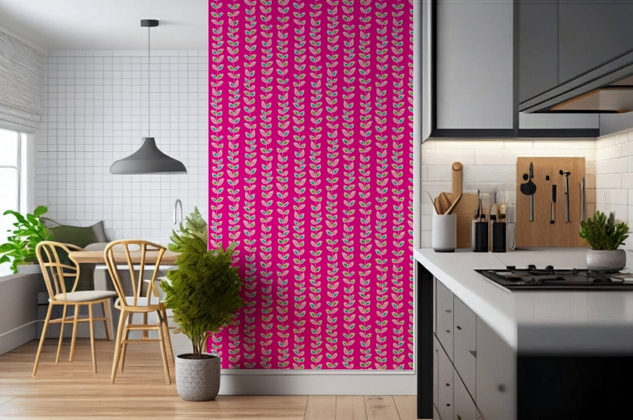Vertical rows of playful leaves on a magenta background; Retro Leaves Fuchsia Pink wall art.