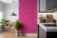Vertical rows of playful leaves on a magenta background; Retro Leaves Fuchsia Pink wall art.