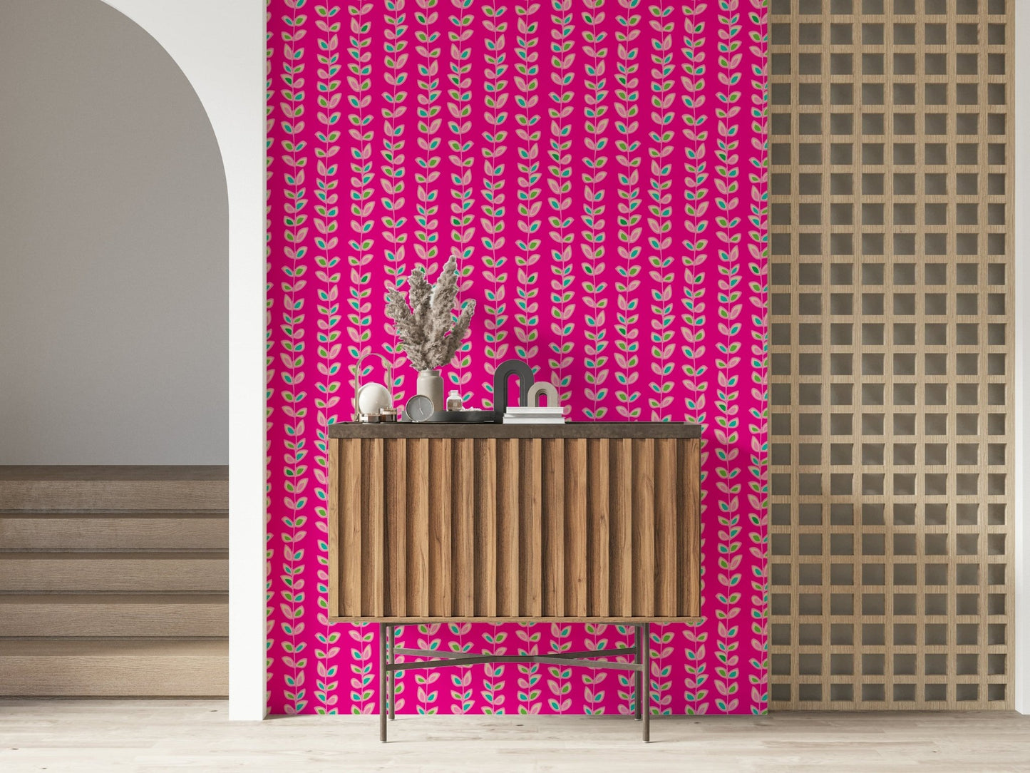 A dynamic, graphical wall design: Climbing Vines Stripe pattern; cerise, lime, aqua accents.