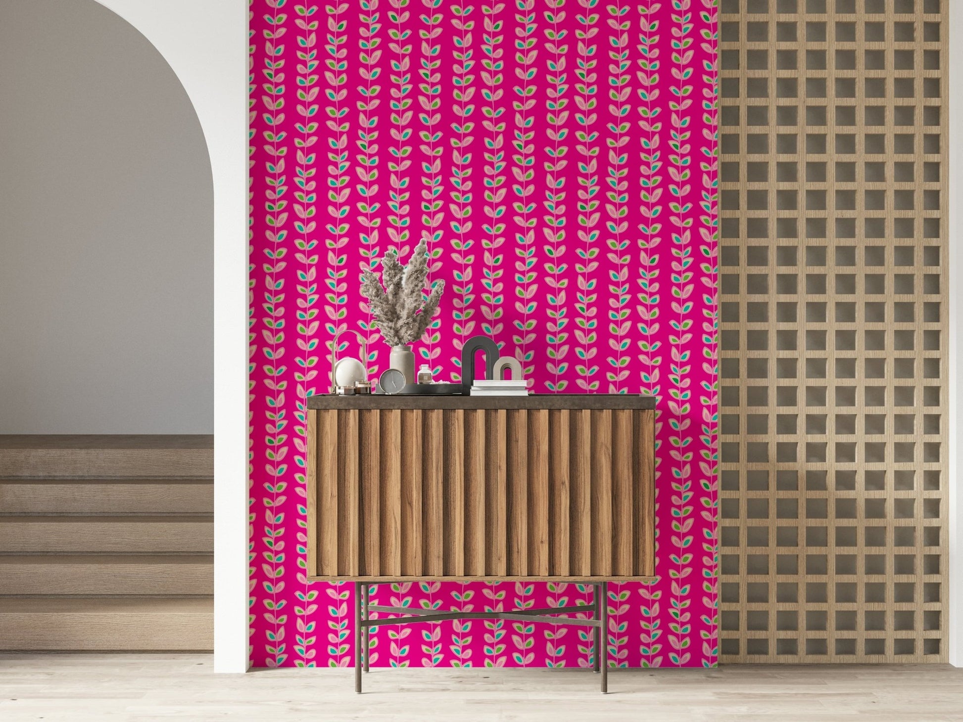 A dynamic, graphical wall design: Climbing Vines Stripe pattern; cerise, lime, aqua accents.
