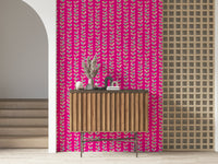 A dynamic, graphical wall design: Climbing Vines Stripe pattern; cerise, lime, aqua accents.