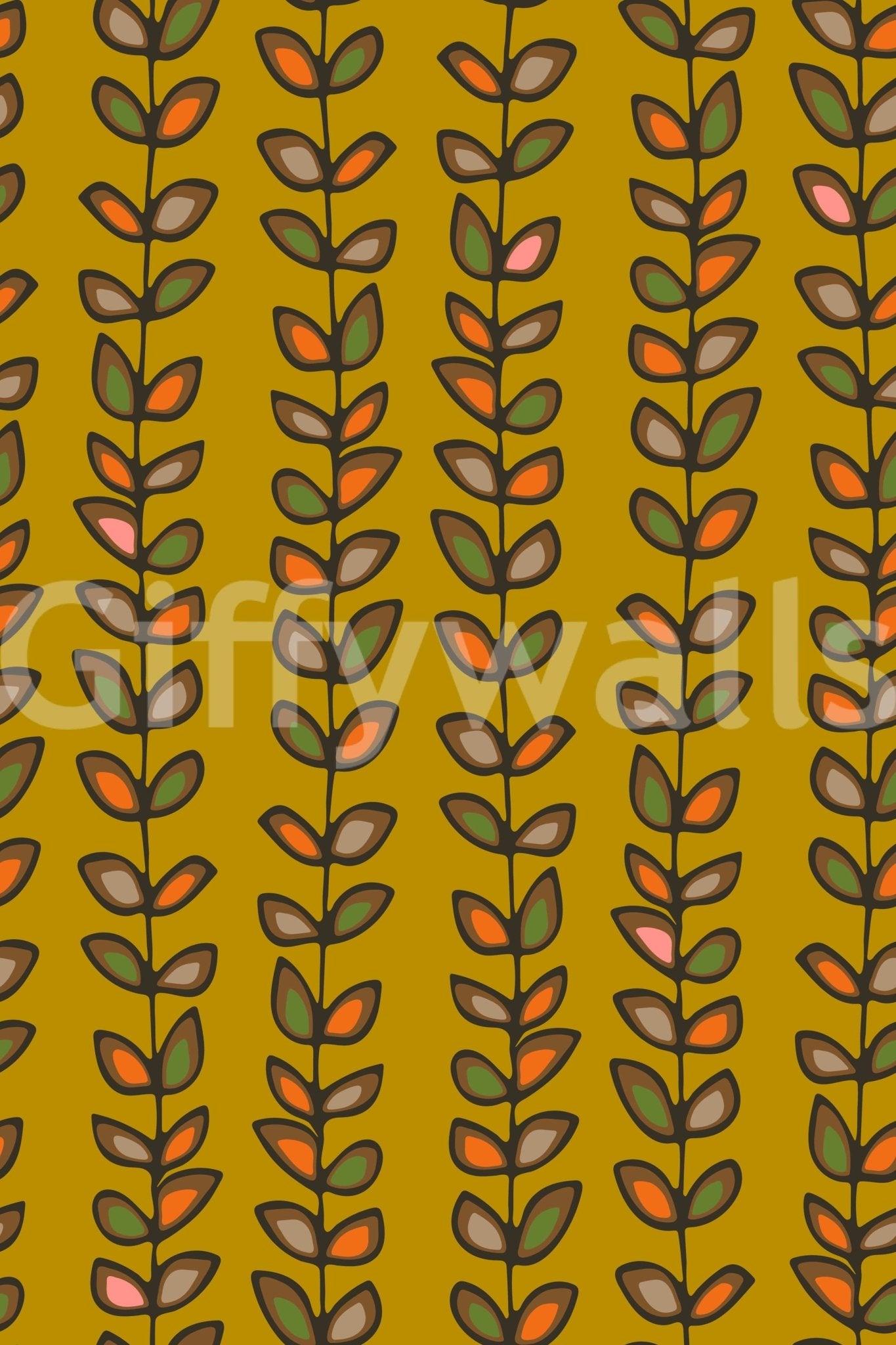 Bold graphic Retro Leaves repeating design, self-adhesive peel and stick wallpaper.