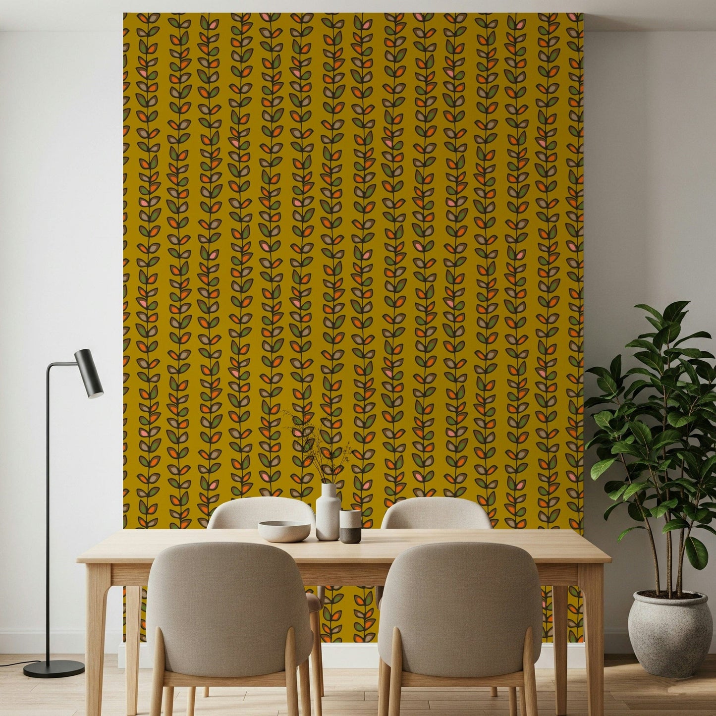 Peel and stick wallpaper in a bold Mustard Yellow and olive green botanical motif.