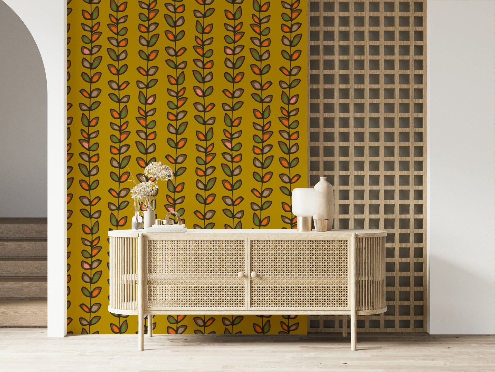 Vintage Mustard Yellow wall mural with striped Retro Leaves design.