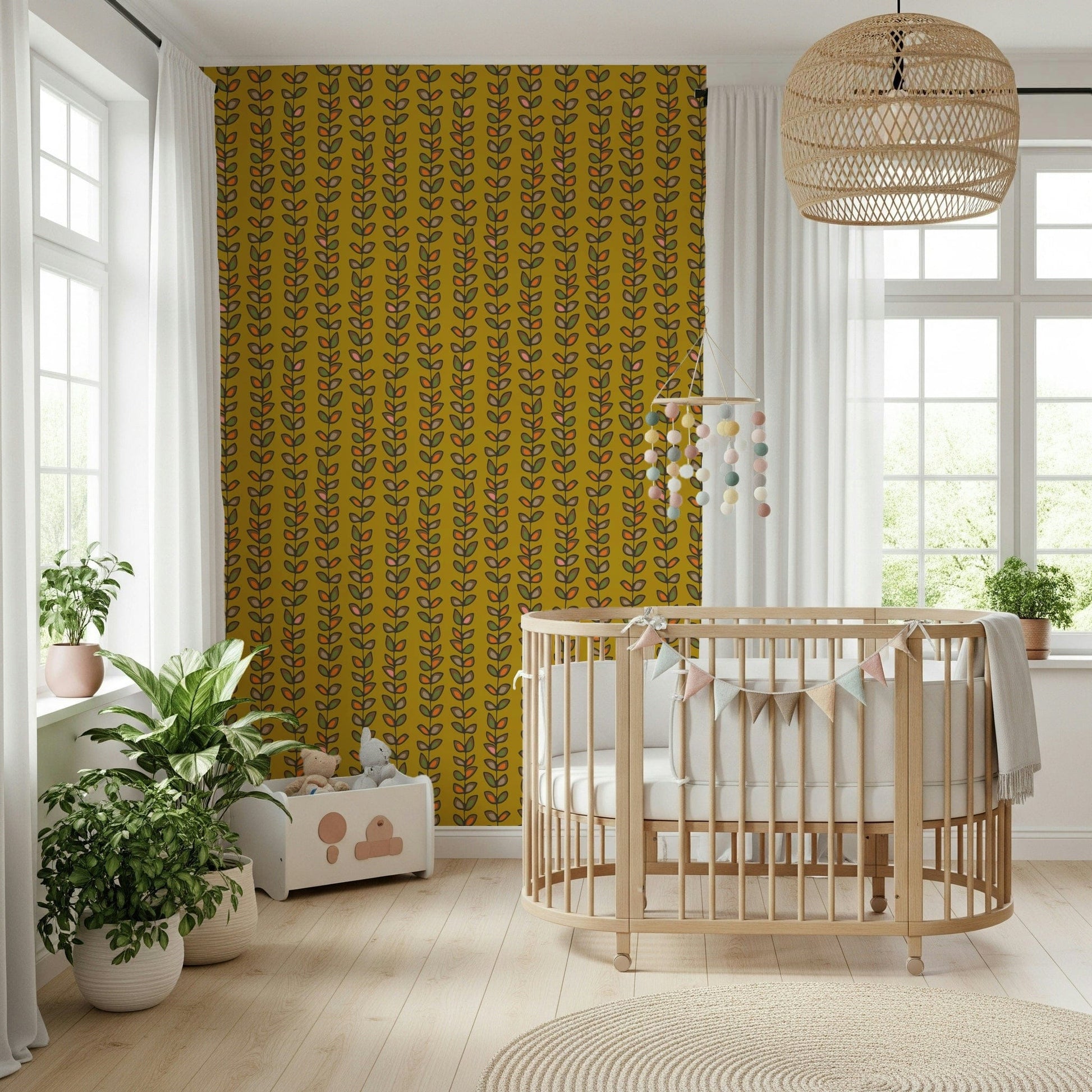 Mid-century modern Retro Leaves stripe, a stunning Climbing Vines wall covering.
