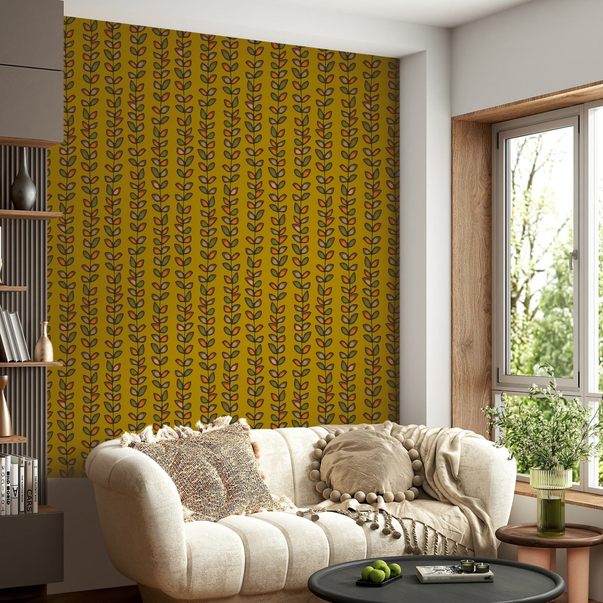 Climbing Vines Stripe Retro Leaves Mustard Yellow wallpaper featuring vertical rows., GD6680