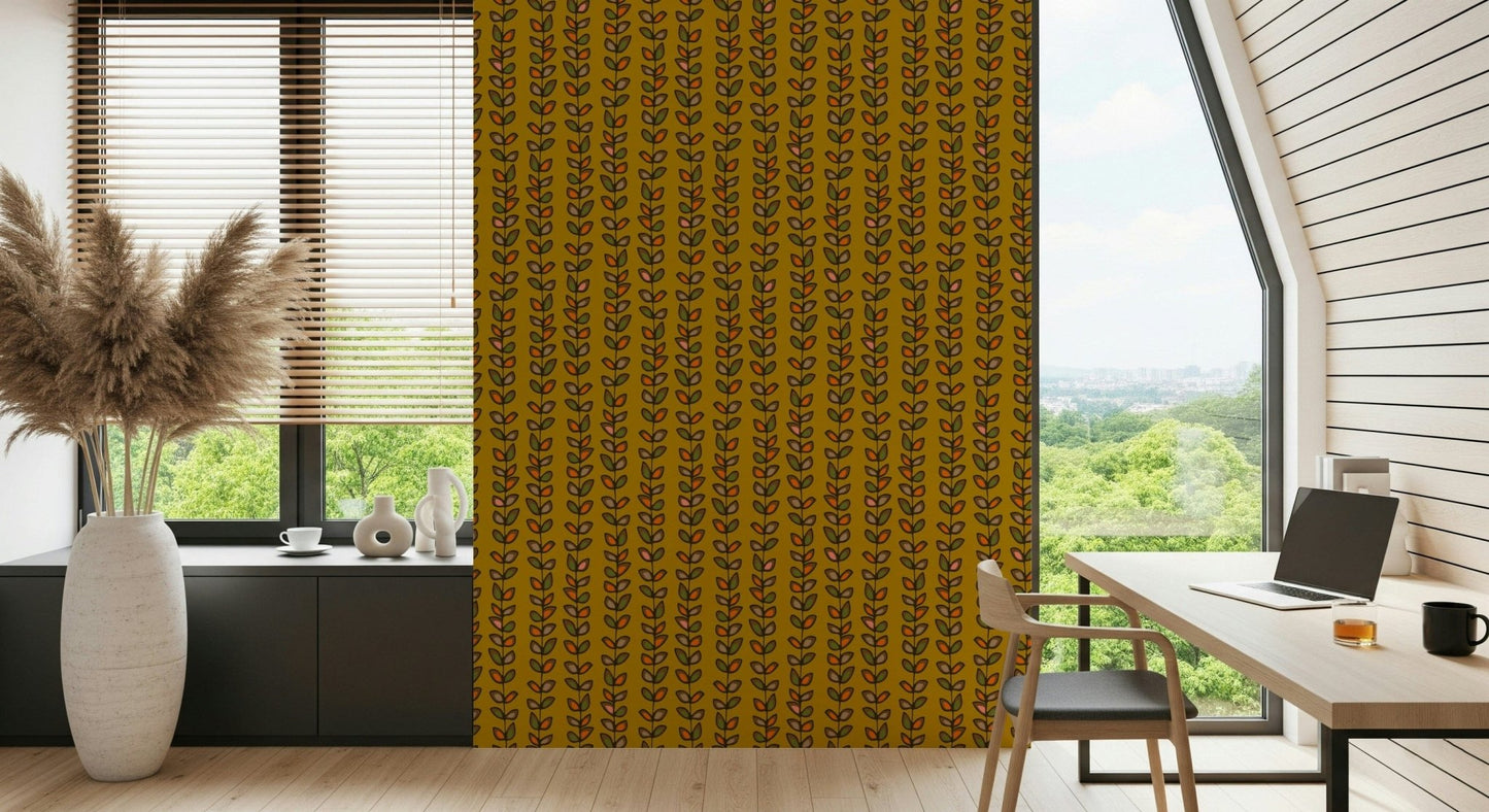 Warm, autumn-toned Retro Leaves pattern, perfect peel and stick wallpaper.