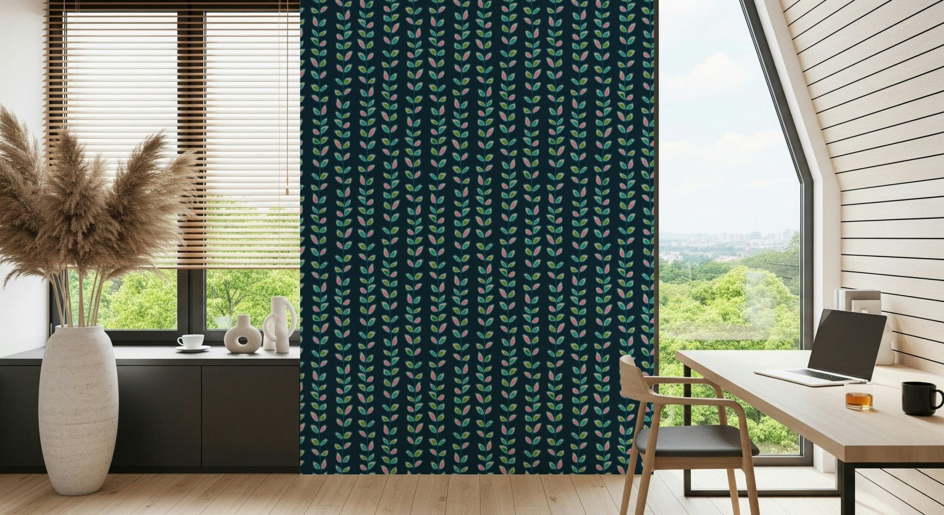 Climbing Vines Stripe Retro Leaves wallpaper for walls, bright, refreshing design.