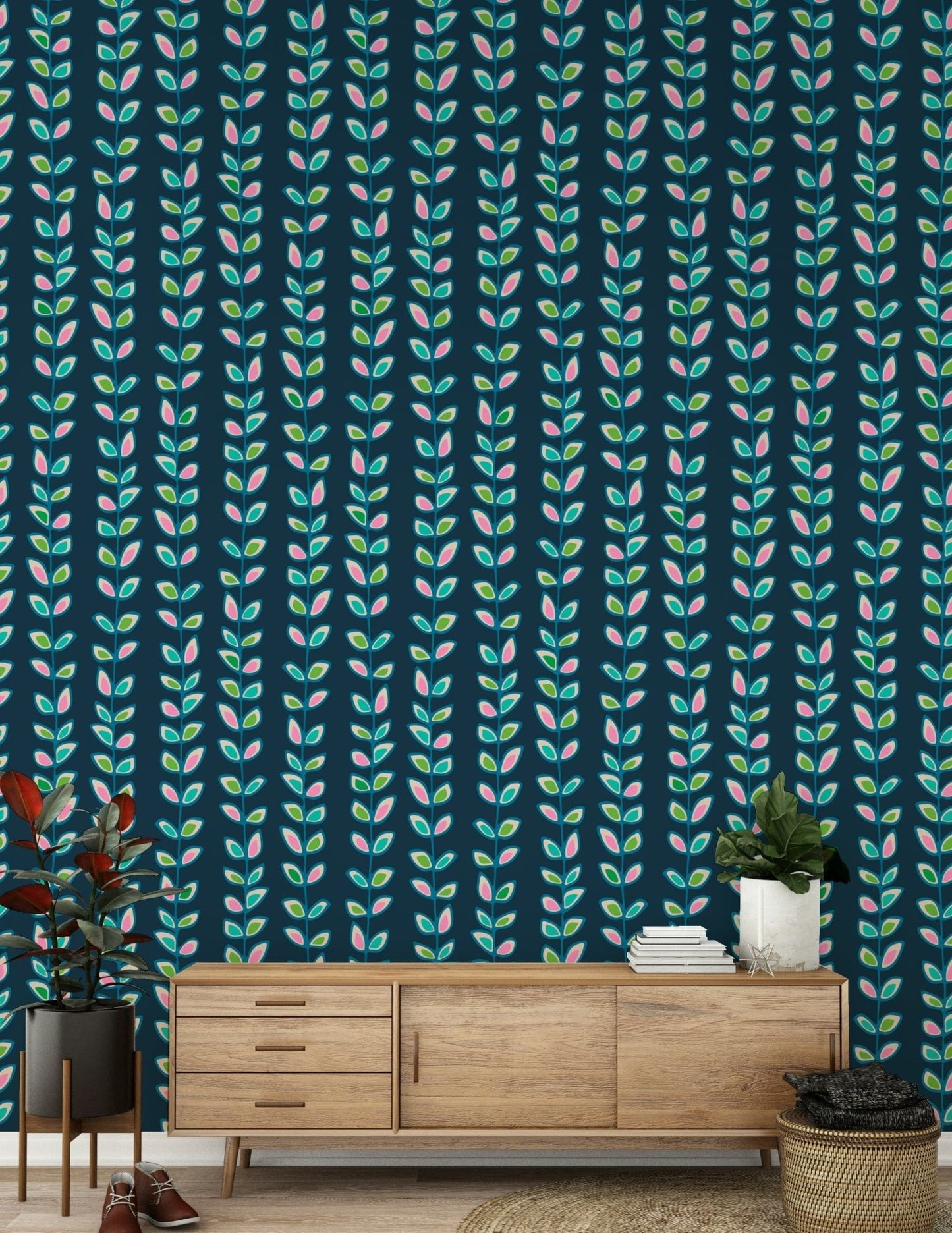 Mid-century inspired wall mural in deep blue with lively stripe of retro leaves.